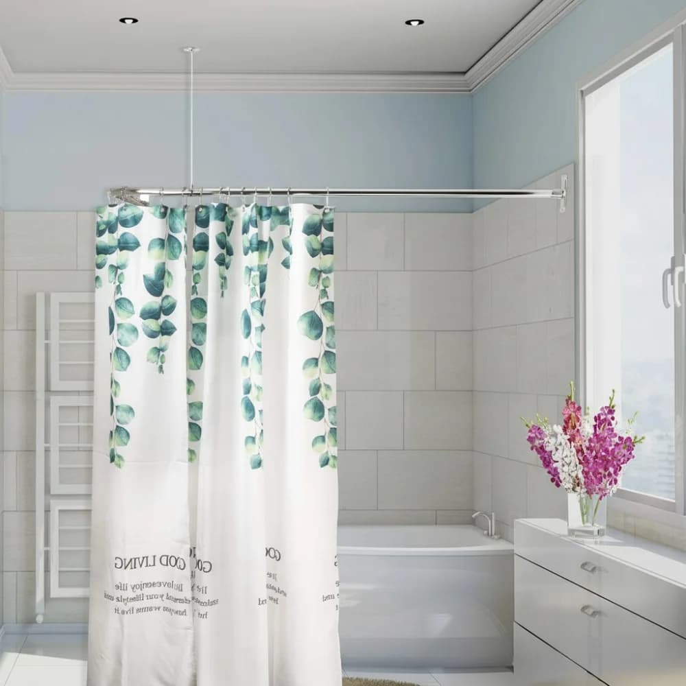 Asta per tenda da doccia angolare a forma di L con supporto a soffitto, alluminio cromato per vasca da bagno