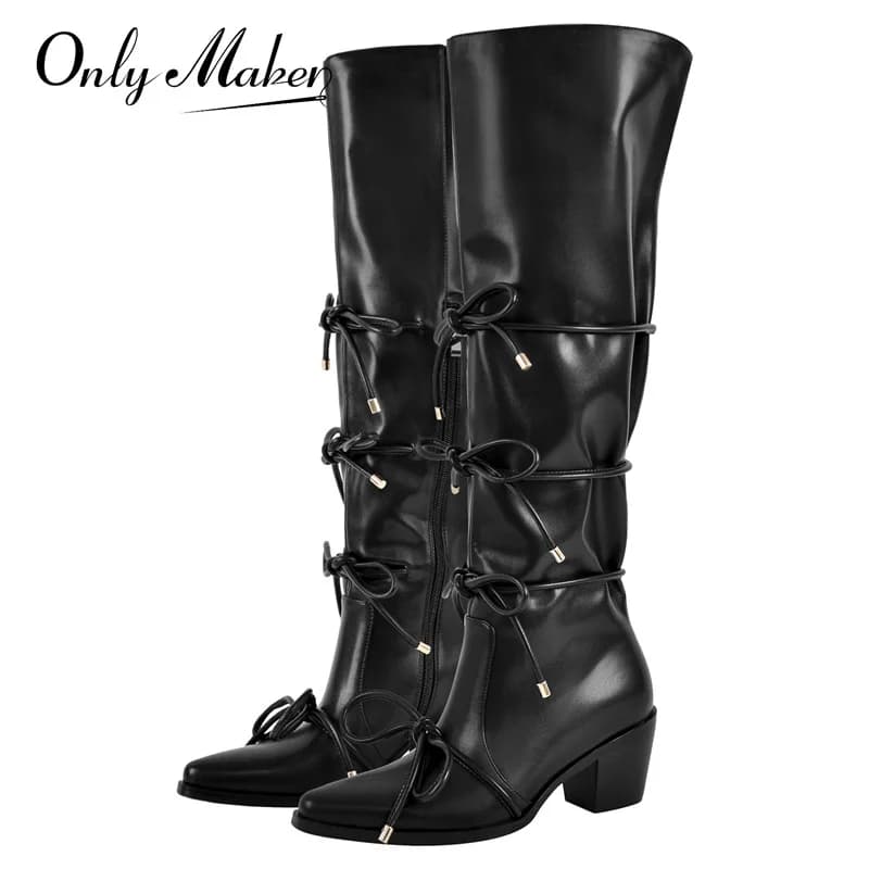 Onlymaker stivali da Cowgirl bianchi Pull-on al ginocchio con fiocco stivali da Cowboy da donna comodi di grandi dimensioni