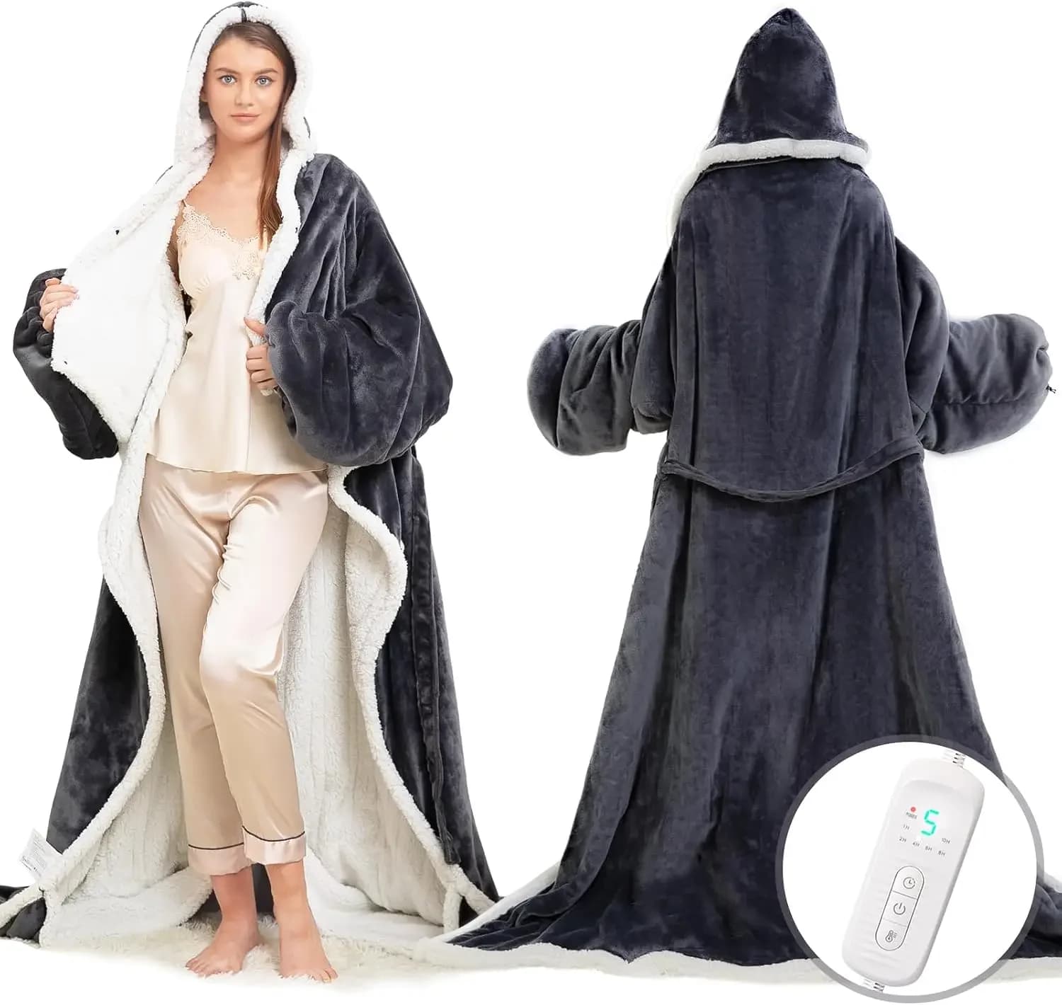 Wearable Heated Blanket with Foot Pocket, Electric Wearable Throw Blanket with Sleeves, Hood, Portable Heated Blanket with 8