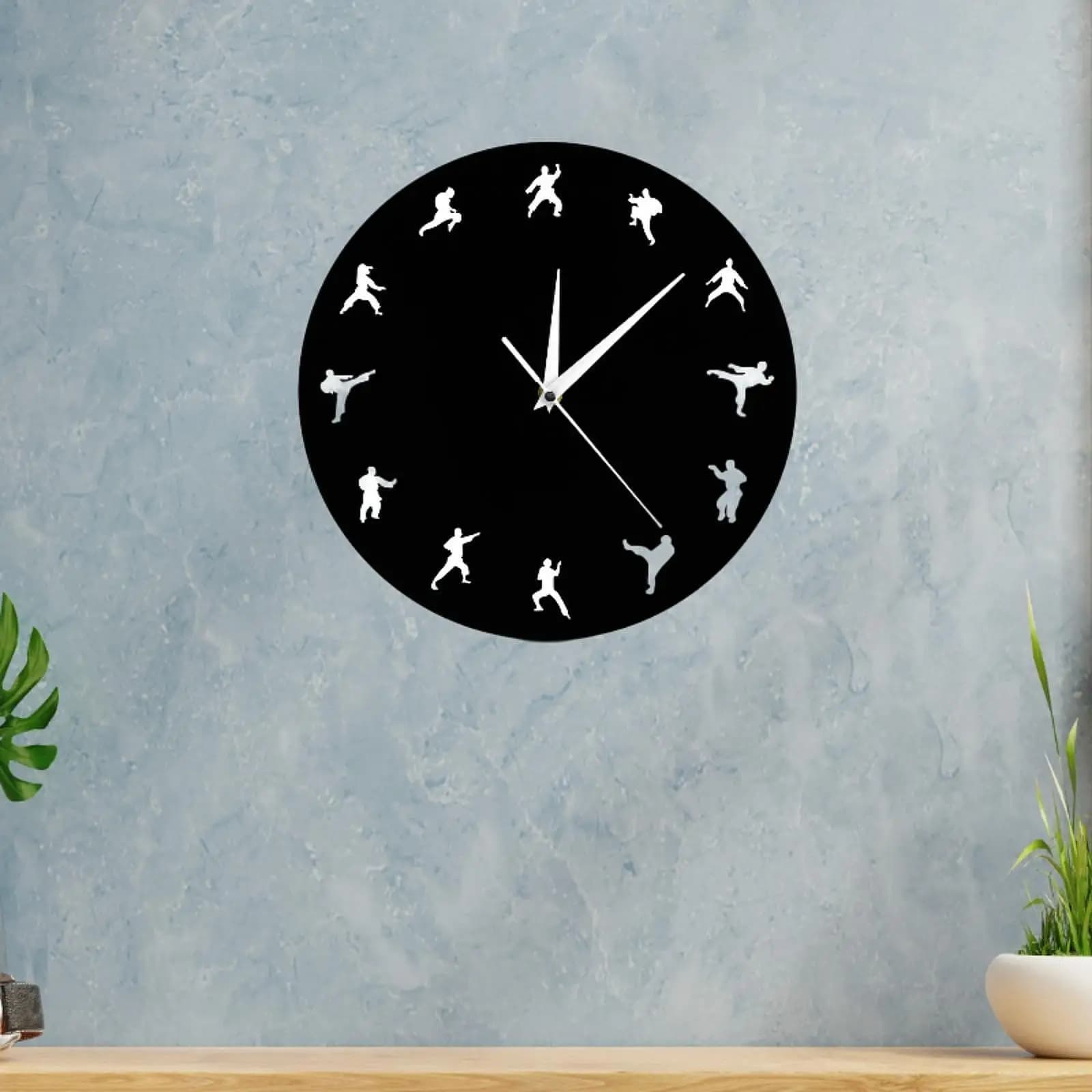 Kung Fu Wall Clock, Ornament, Acrylic, Creative Gift, Durable, Hanging Watch, Round Wall Decor for Bedroom, Kitchen, Rustic Style