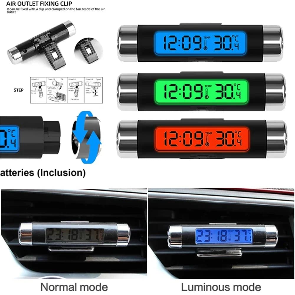 Orologio e termometro digitale LCD portatile 2 in 1 per auto con retroilluminazione blu, orologio e termometro elettronico per auto con clip