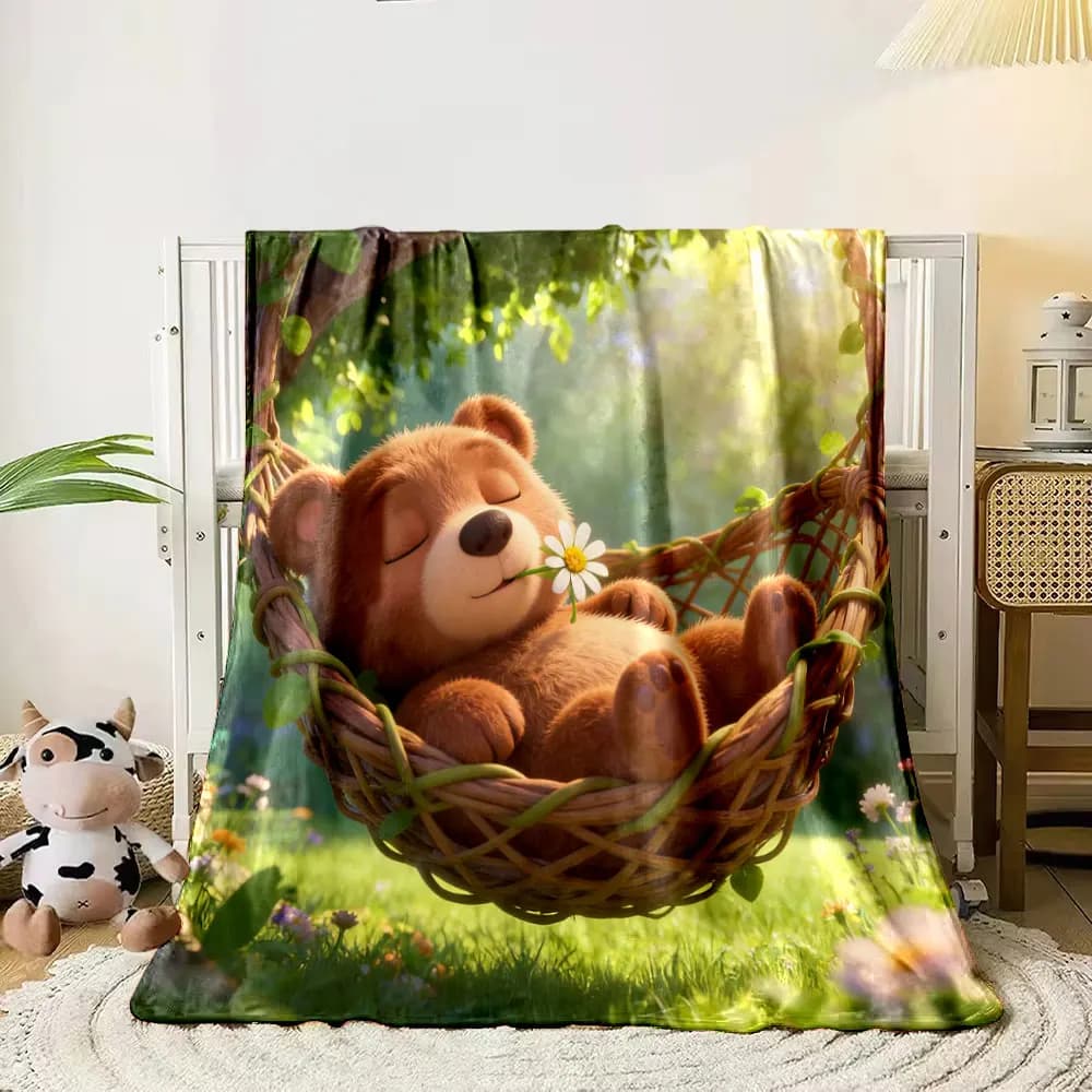 Animali che dormono nella foresta verde Coperta stampata, multiuso per tutte le stagioni per pisolino in campeggio, divano per auto da viaggio Selezione multi-dimensione
