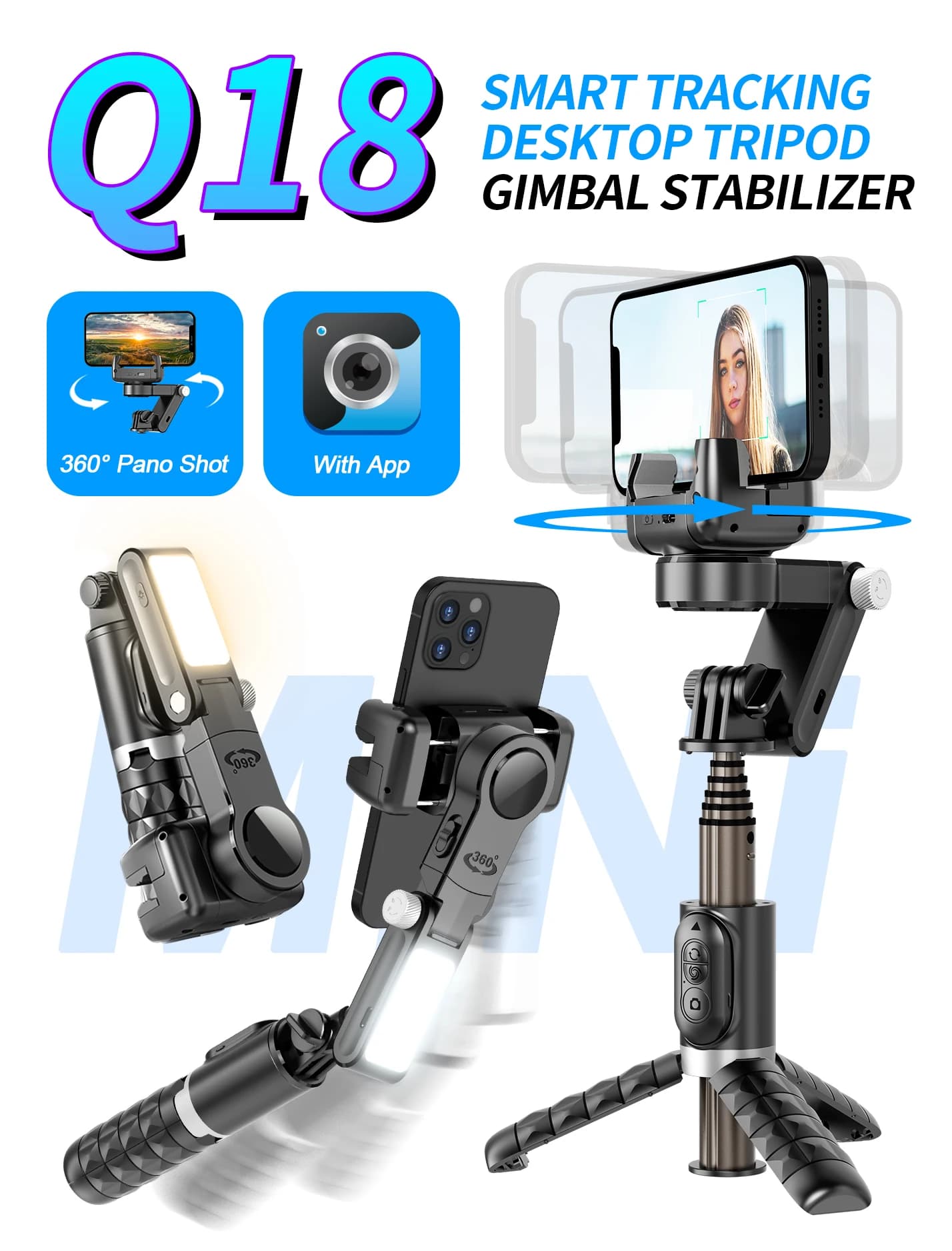 Stabilizzatore Gimbal per Telefono con Tracciamento Automatico, Bluetooth Anti-Vibrazione, Treppiede Retrattile e Bastone Selfie con Luce di Bellezza per Live Streaming