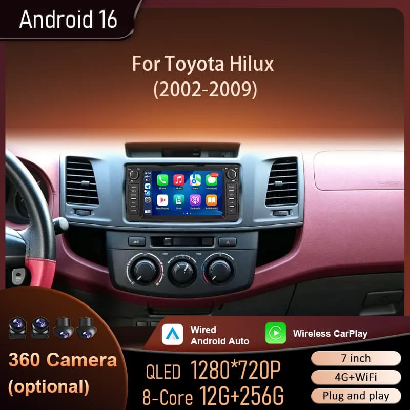 Android 16 Car GPS Navigation For Toyota Hilux 2002-2009 Auto Multimedia Player QLED Screen Dash Cam Carplay NO 2din 4G Wifi