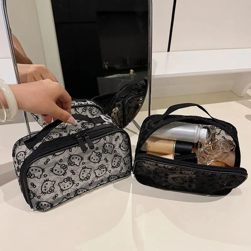Kit da toilette portatile in rete, borsa per cosmetici da donna, organizer da viaggio per articoli da toilette, astuccio per cosmetici con stampa a fumetti, piccola borsa per il lavaggio del corpo