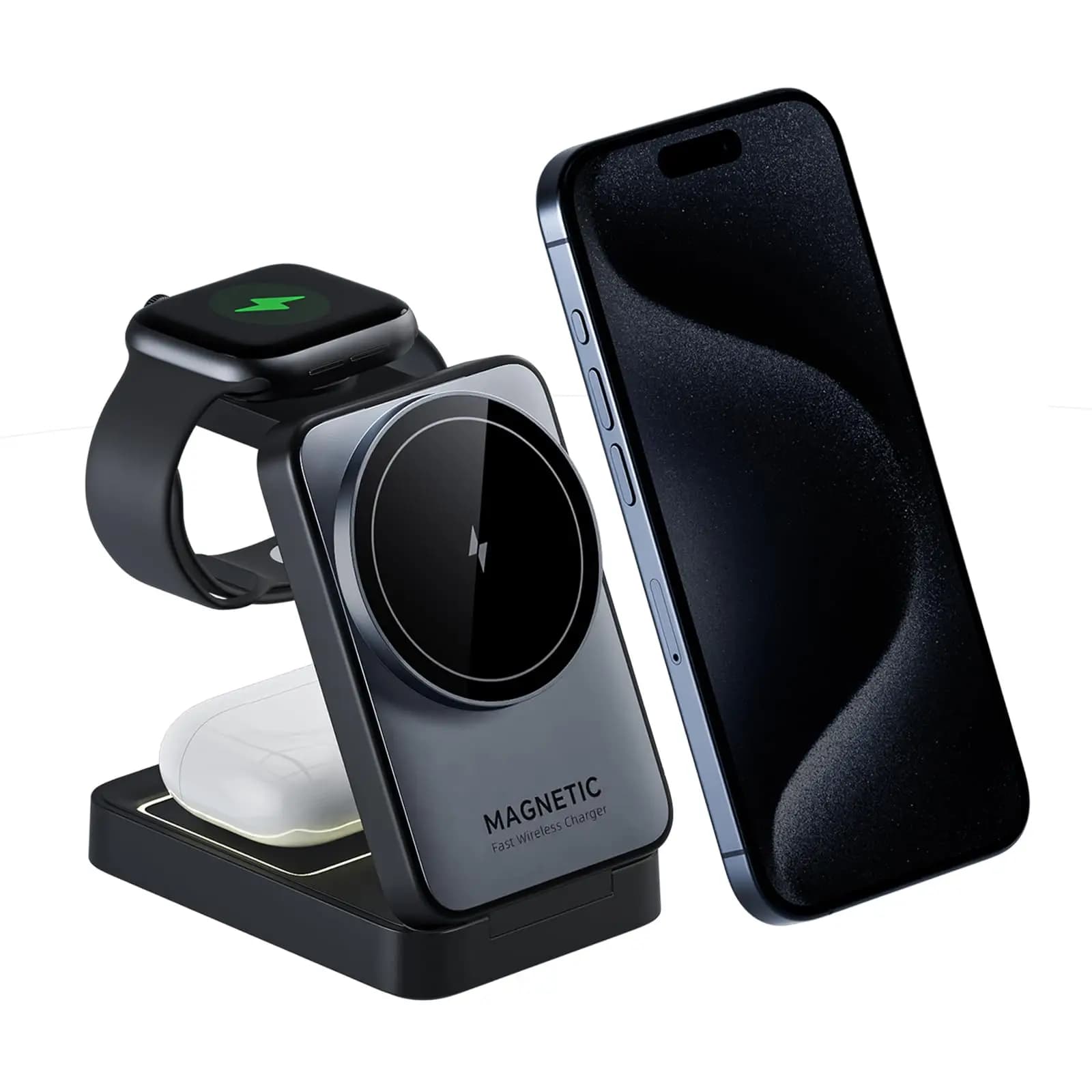 Caricabatterie wireless pieghevole magnetico 3 in 1 per iPhone 16/15/14/13 Pro Max, AirPods, supporto di ricarica rapida iWatch