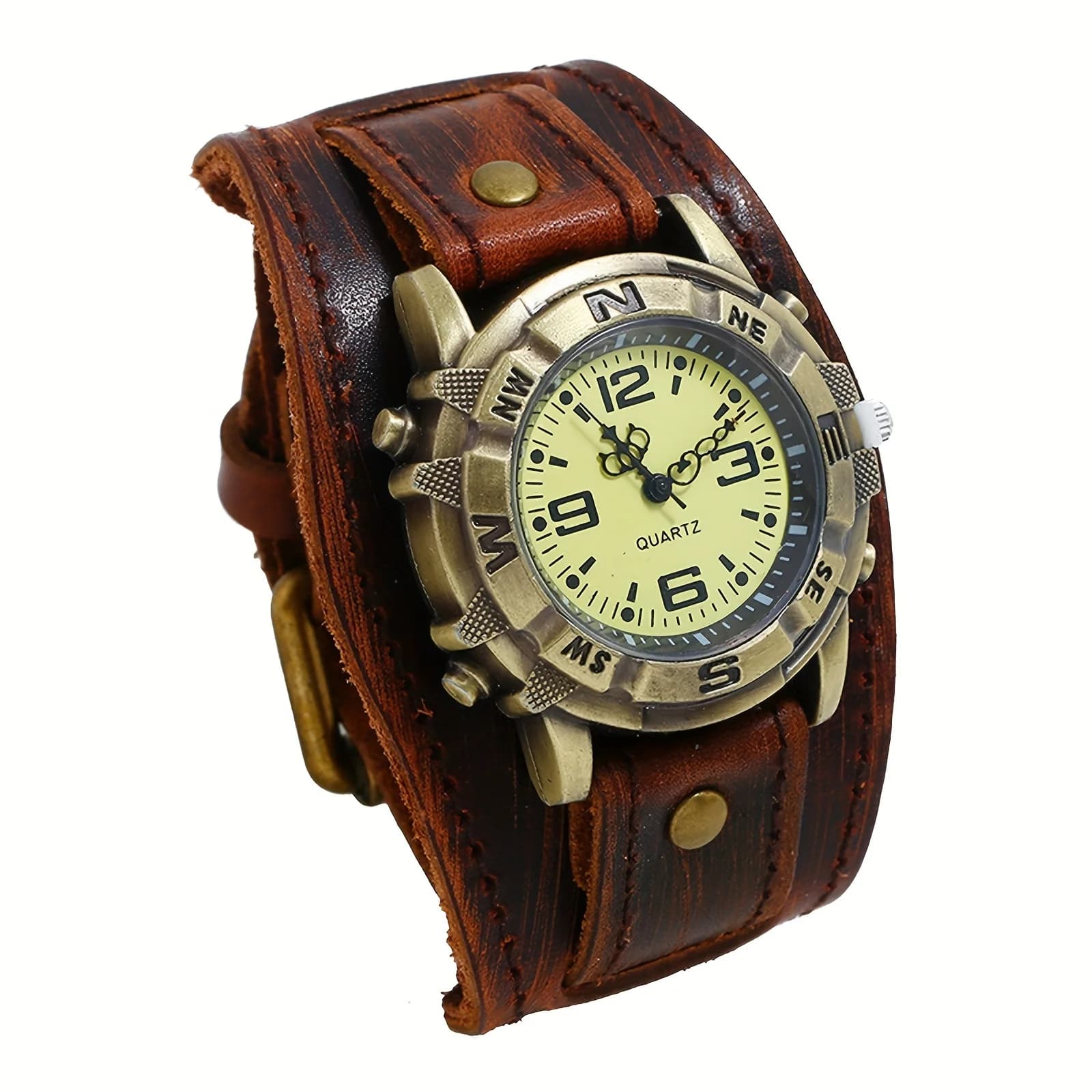 【Halloween】 1 orologio da uomo in vera pelle Steampunk Halloween al quarzo simulato, marrone scuro
