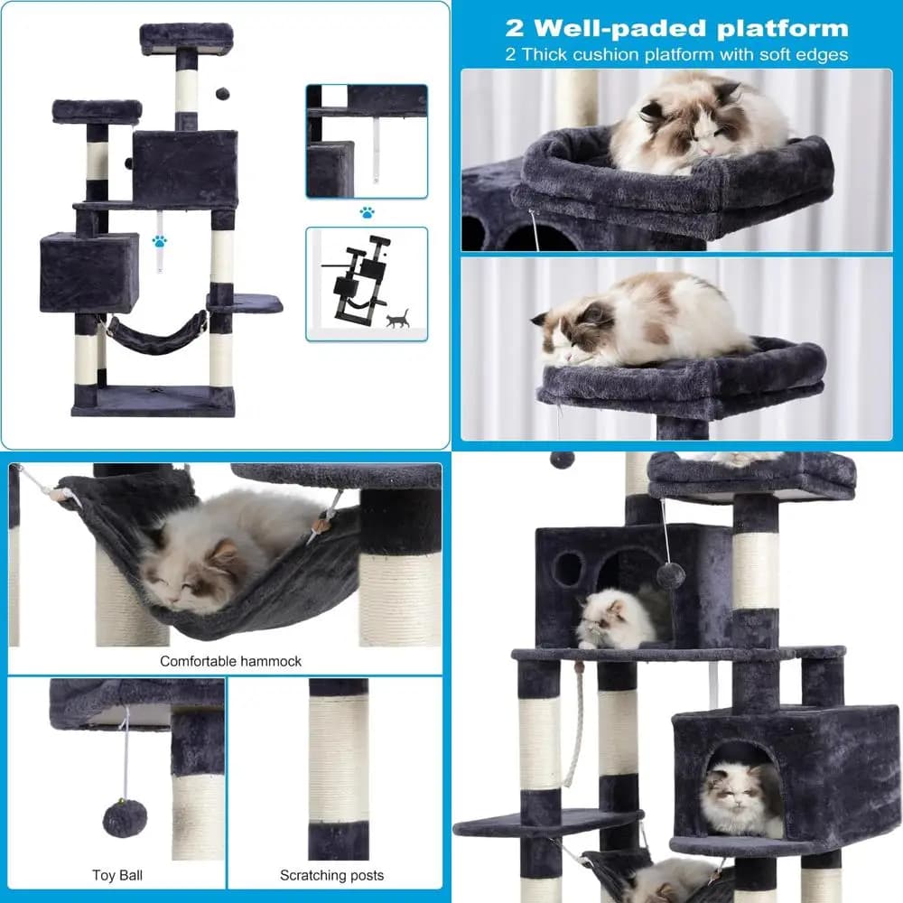 Grande albero per gatti multilivello con tiragraffi in sisal, condomini in peluche e amaca in grigio fumo MPJ020G