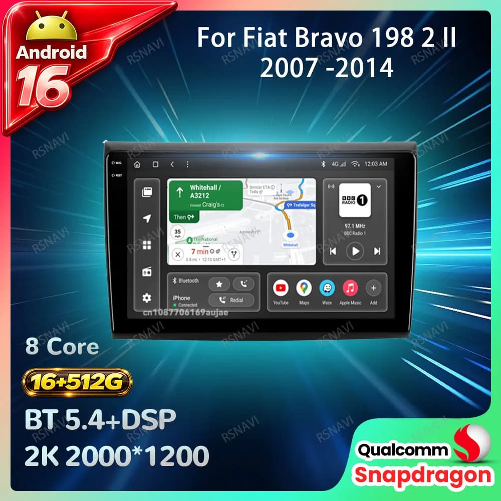 Car Radio Android 15 For Fiat Bravo 198 2 II 2007 -2014 Head Unit Wireless Carplay Auto Navigation Qualcomm DVD 4G LTE GPS BT
