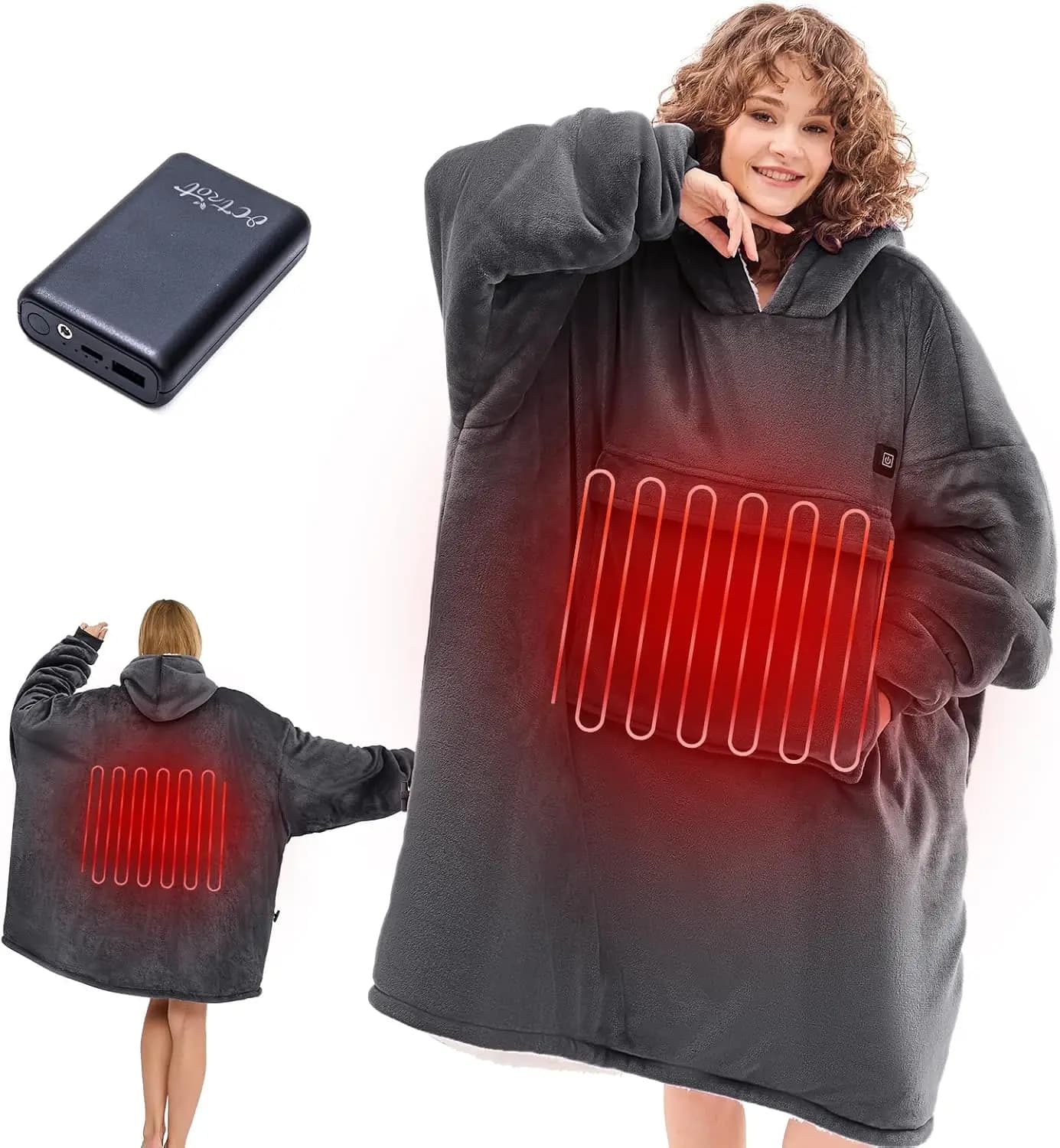 Heated hood cover, large wireless portable wearable electric heating with 3 settings and Power Bank, grey