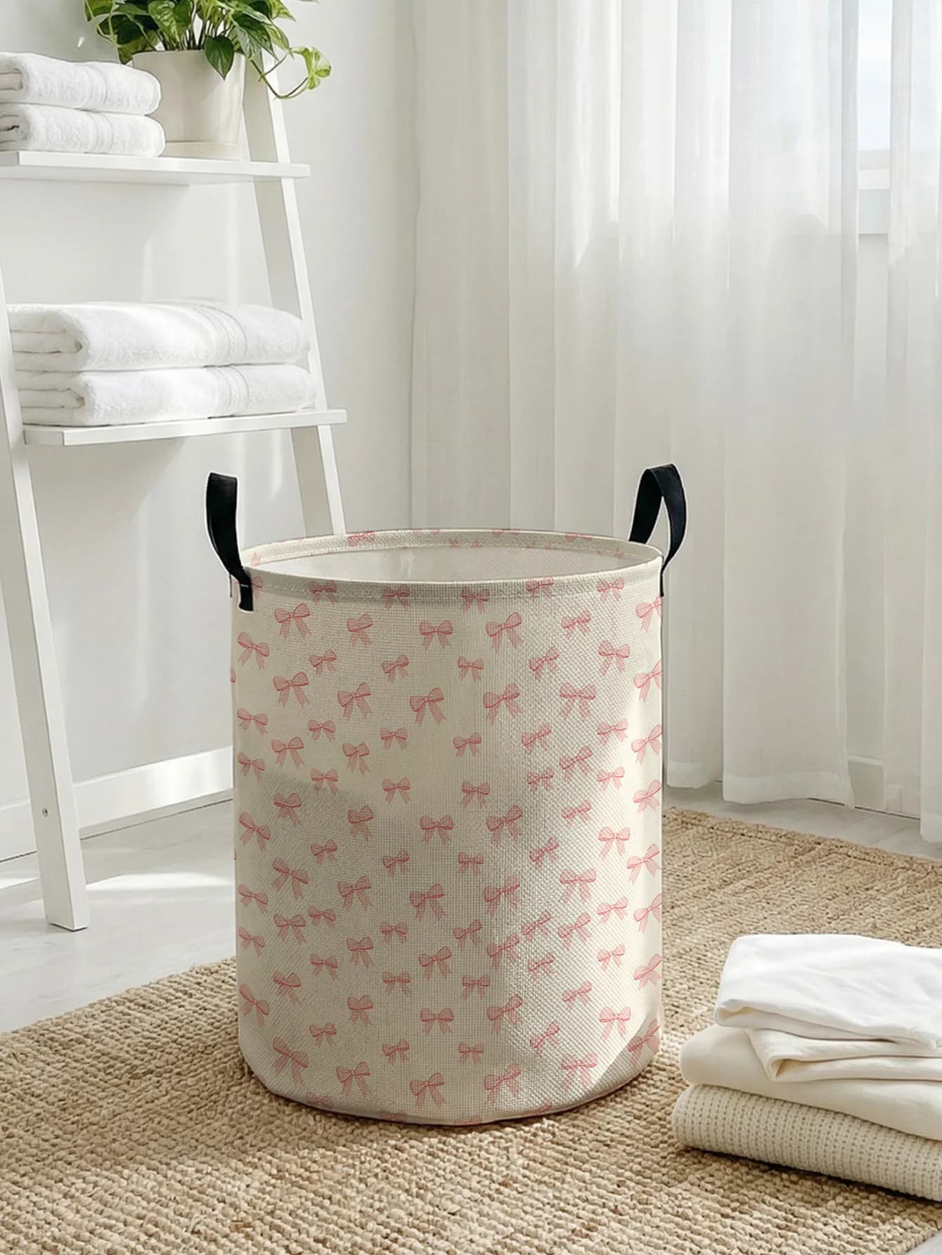 Pink Bow Print Foldable Large-Capacity Storage Basket, for Kids' Toys and Clothes, Home & Bathroom Laundry Use