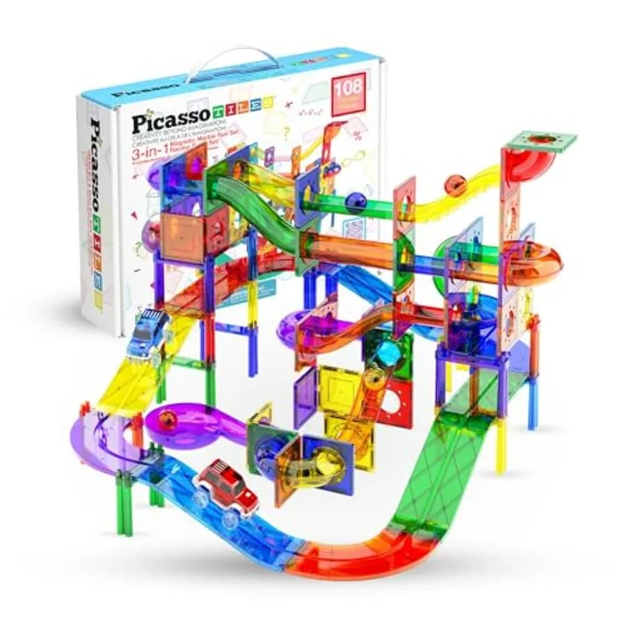 PicassoTiles Set Pista Magnetica da 108 Pezzi con Piastrelle da Costruzione, Scivoli per Auto, Giocattolo Educativo STEM 3-in-1 per Prescolare