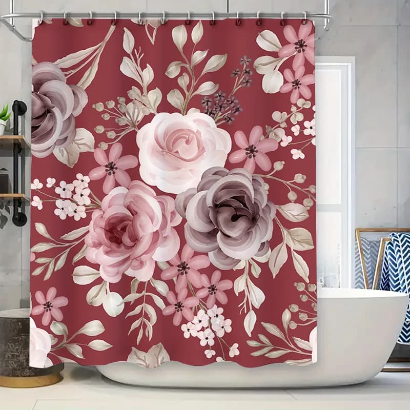 Tenda da doccia di lusso con stampa floreale Tessuto impermeabile Pannello doccia decorativo per bagno con anelli Fiori rossi rosa bianchi (L) 205x