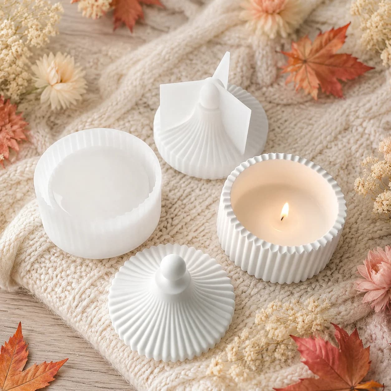 Ribbed Lidded Candle Jar Silicone Mold Creative Gypsum Cement Resin Mould DIY Home Decor Making Materials