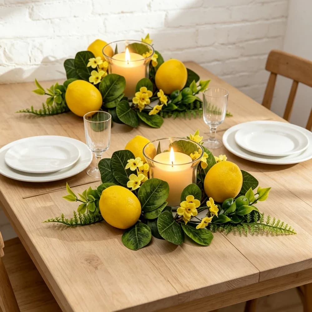 25cm Artificial Lemon Floral Candle Ring Faux Fruit Greenery Wreath for Table Centerpiece Door Wall Hanging Holiday Home Decor