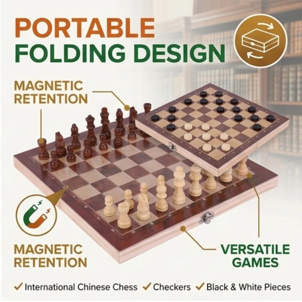 Set di Scacchi in Legno Pieghevole 3 in 1, Scacchi Internazionali, Dama, Backgammon, Giochi da Tavolo per Bambini e Adulti, Set da Viaggio Professionale
