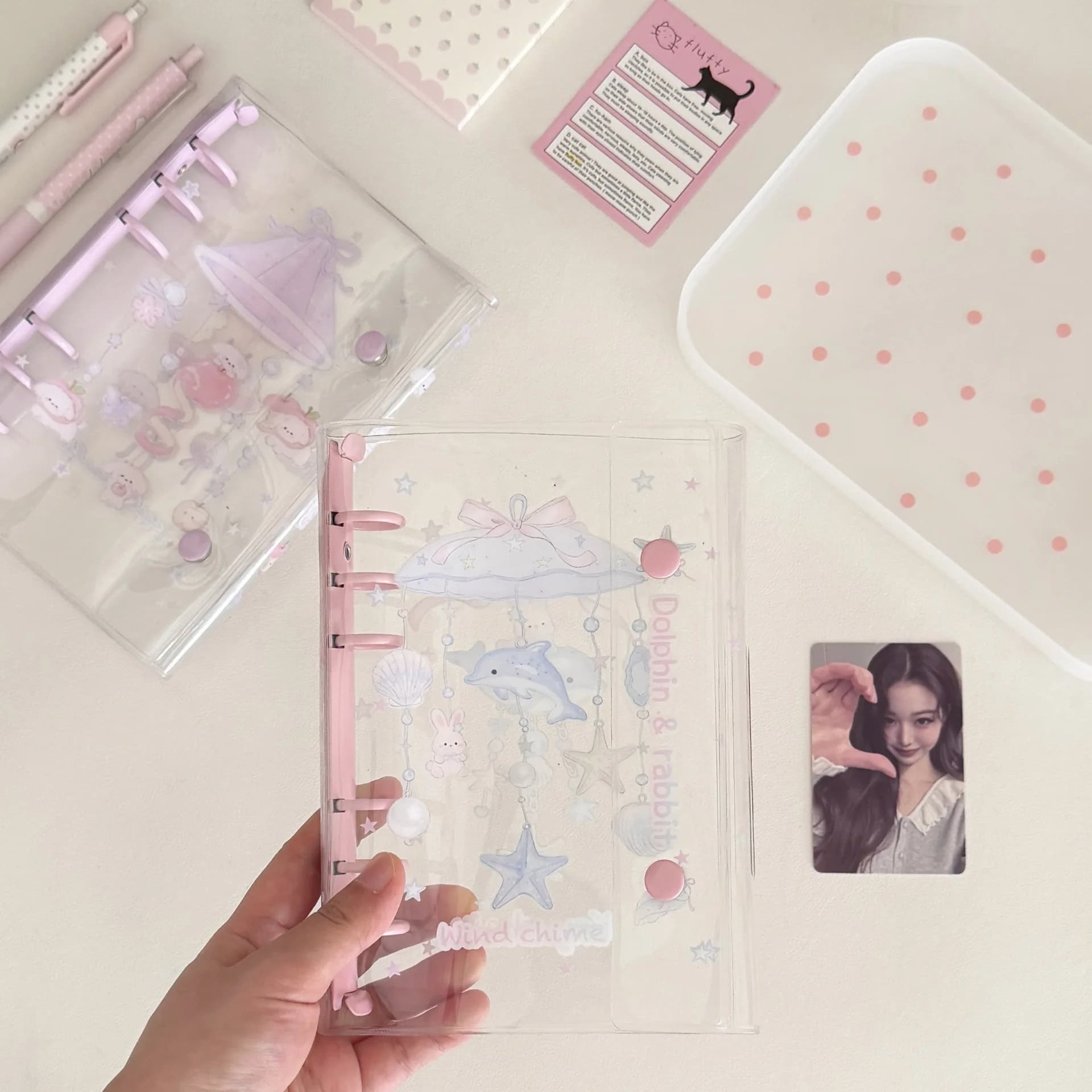 A6 Double Buckle Ocean Transparent PVC Soft Cover Color Clip Binder Sticker Notebook Office Stationery