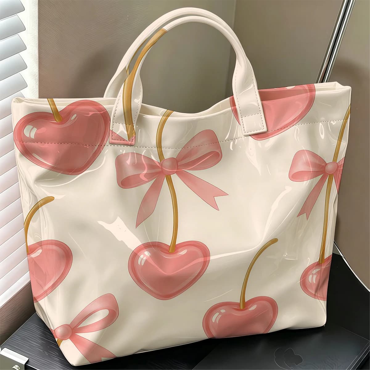 Heart Cherries & Bows Hot Sale Large Glossy PVC Tote Bag Hand Washable Waterproof for Travel Commute Makeup Storage Handbags