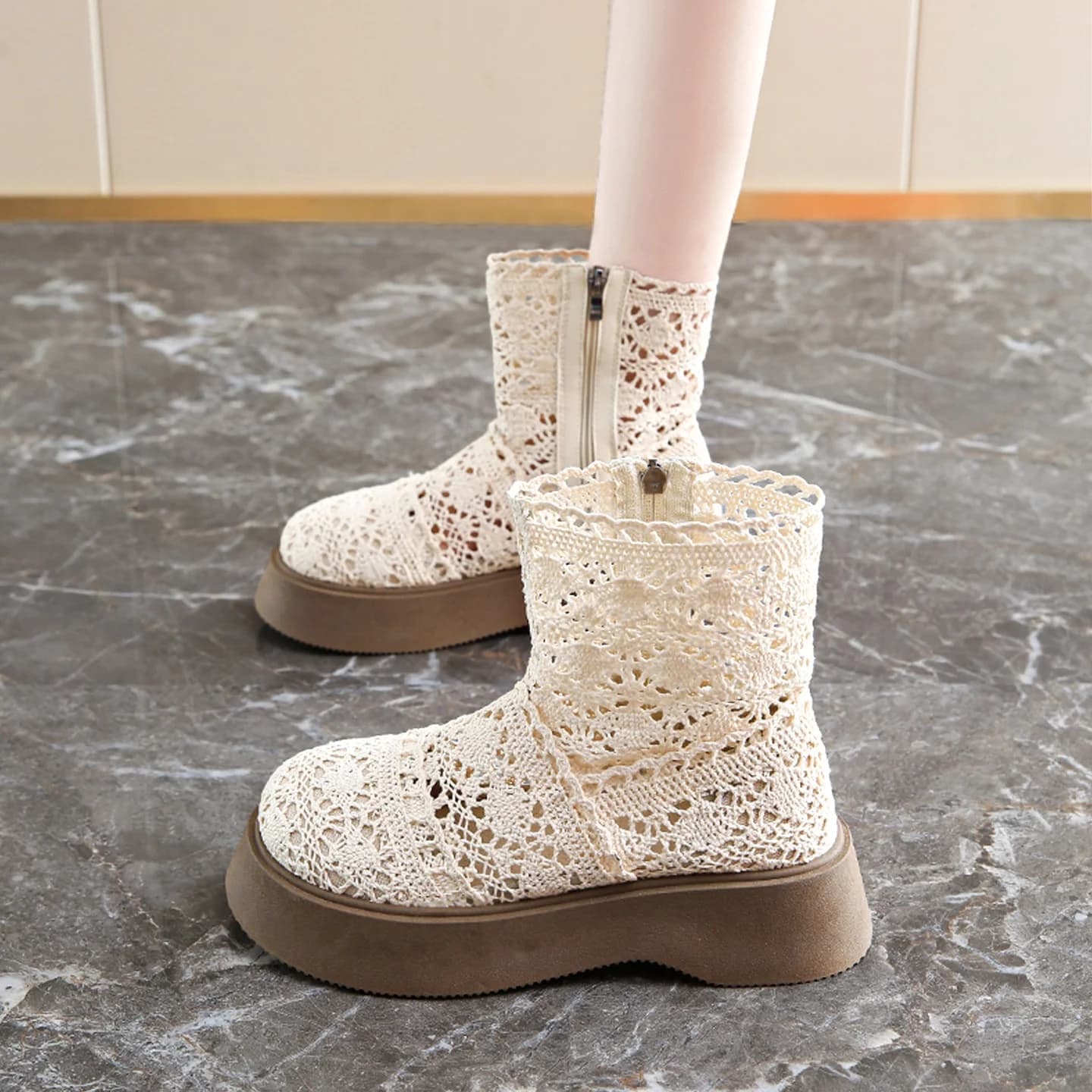 Women's Hollow out Breathable Summer Fashion Boots Thin Mid-Calf Slip-On Shoes Fairy Style Short Boots Small Size 34