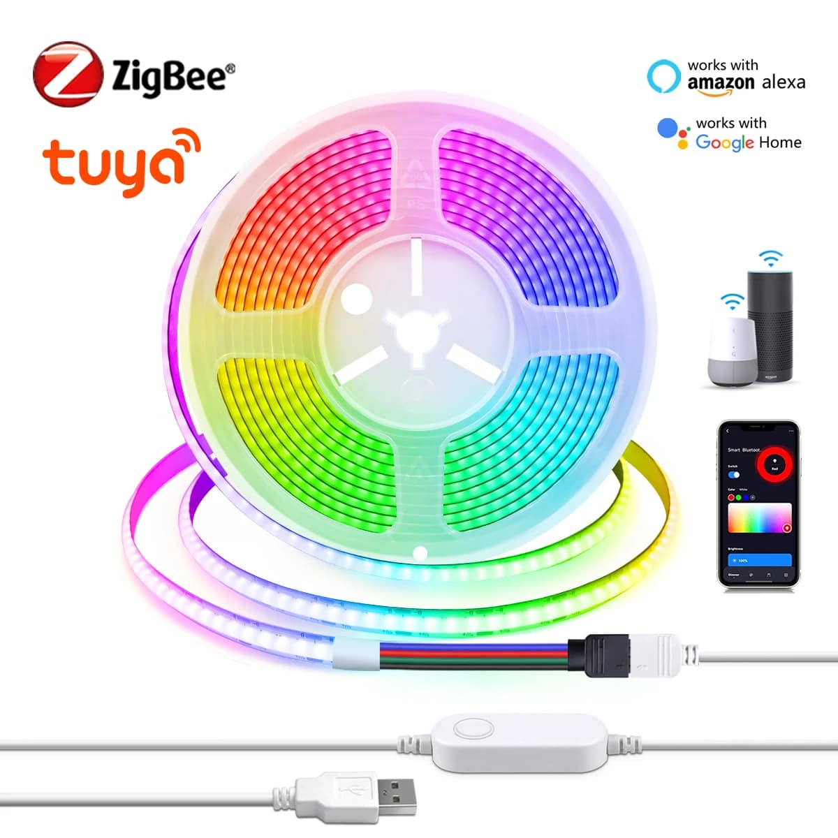 U5V WiFi Zigbee RGB LED Strip Light COB Nastro flessibile USB Tuya compatibile per la decorazione della stanza Funziona con Alexa Google Home