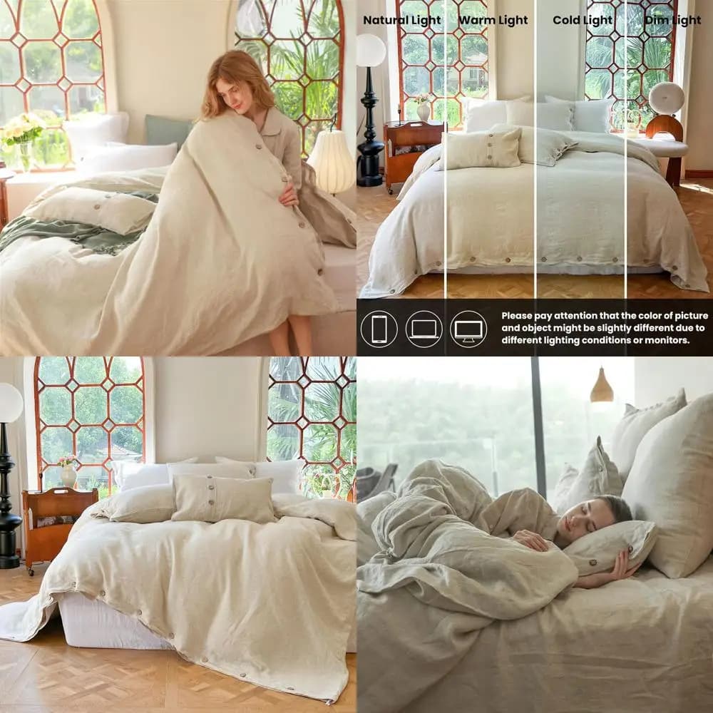 Natural French washed linen king size bed cover with coconut button closure - Soft and breathable bed linen for the house