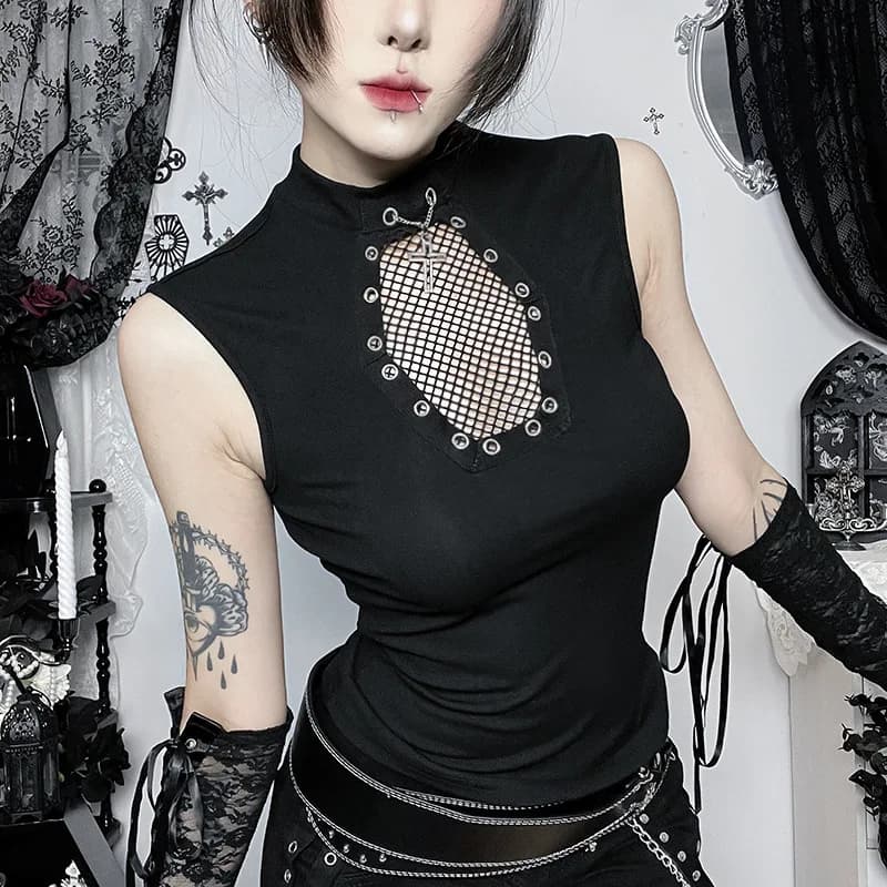 Canotte Senza Maniche Stile Punk, Top Gotici con Inserti a Rete, Magliette da Donna con Finiture Y2K, Gilet Techwear Alternativo