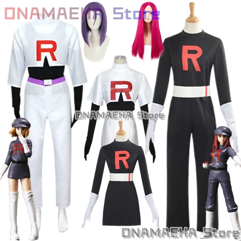 aBcONAMAEHA@2025 Jessie Musashi James Kojirou Costume Cosplay Gioco Team@Rocket Travestimento Nero/Withe Uniforme Gioco di ruolo di Halloween