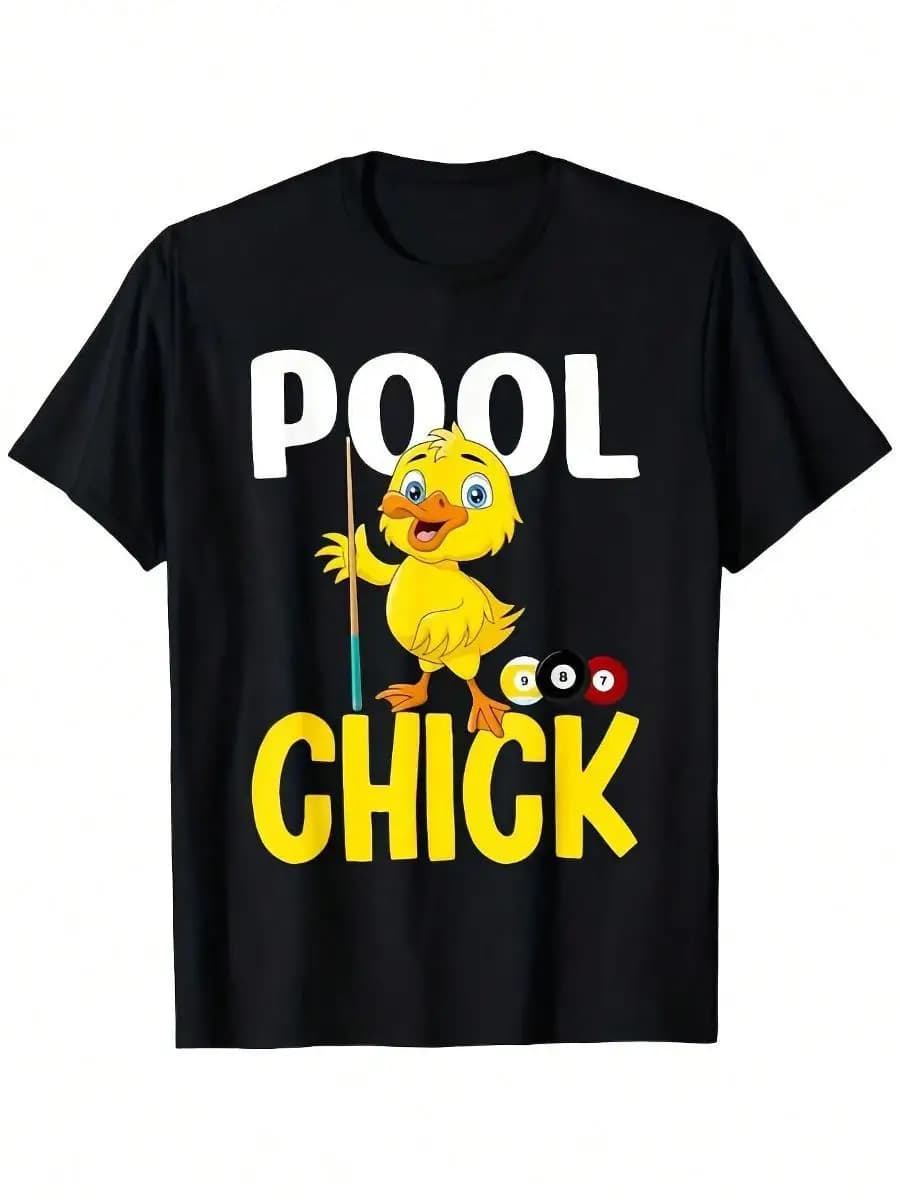 100_ Cotton Soft Breathable Unisex Tee - Funny Graphic T-Shirt With Yellow Chick Pool Cue Design - Pool Chick 8 Ball Numbered Pool Balls - Machin
