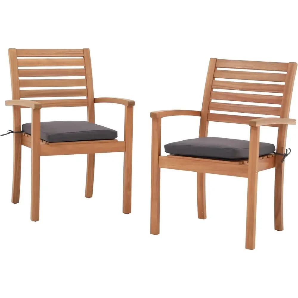 Set of 2 outdoor dining chairs in acacia wood with armrests and cushions in removable grey fabric