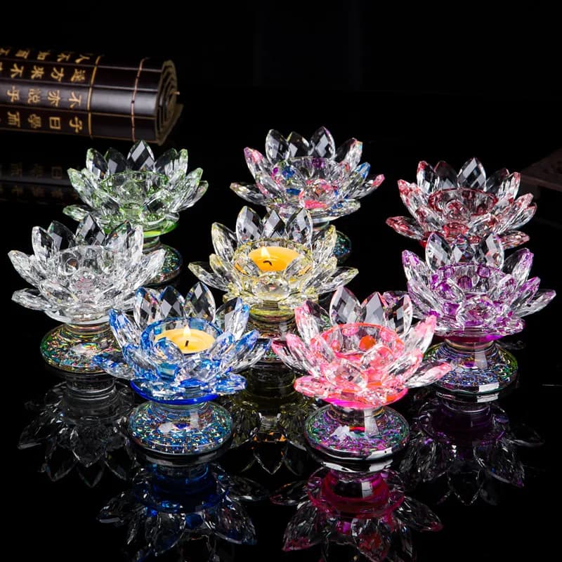2-Tier Tall Crystal Glass Lotus Ghee Lamp Holder Buddha Altar Candle Holder Spiritual Home Decor Handicraft