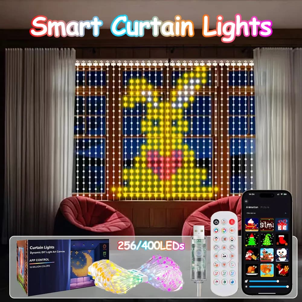 2x2m 400LEDs Smart Curtain Lights with DIY Pattern ,WiFi Window Fairy Light for Christmas Gift Home Decor ,Outdoor String Lights