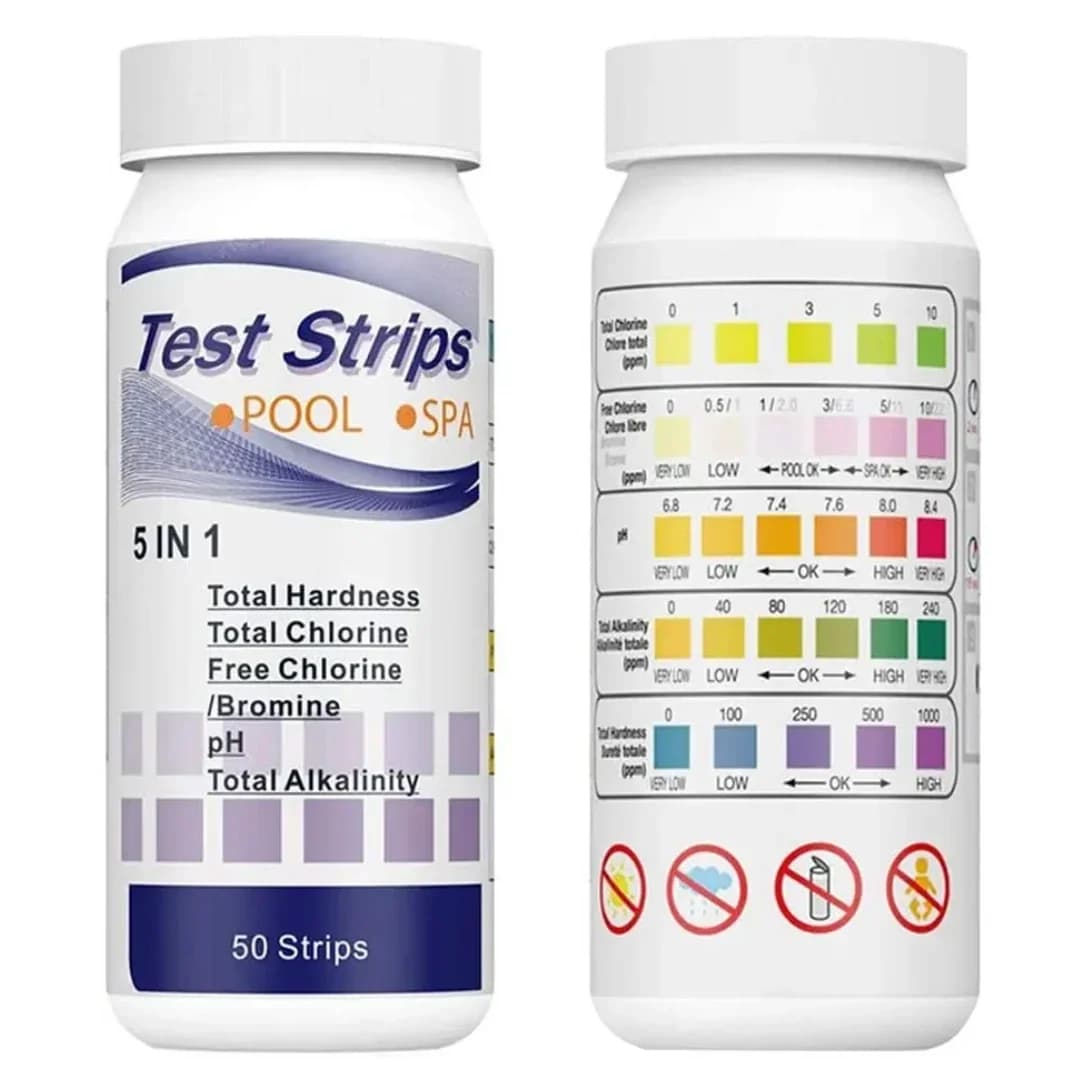 Strisce Reattive 5 in 1 per Test PH, Tester Multiuso per Acqua di Piscina e SPA, Strumento per Misurare la Durezza, Confezione da 50 Pezzi