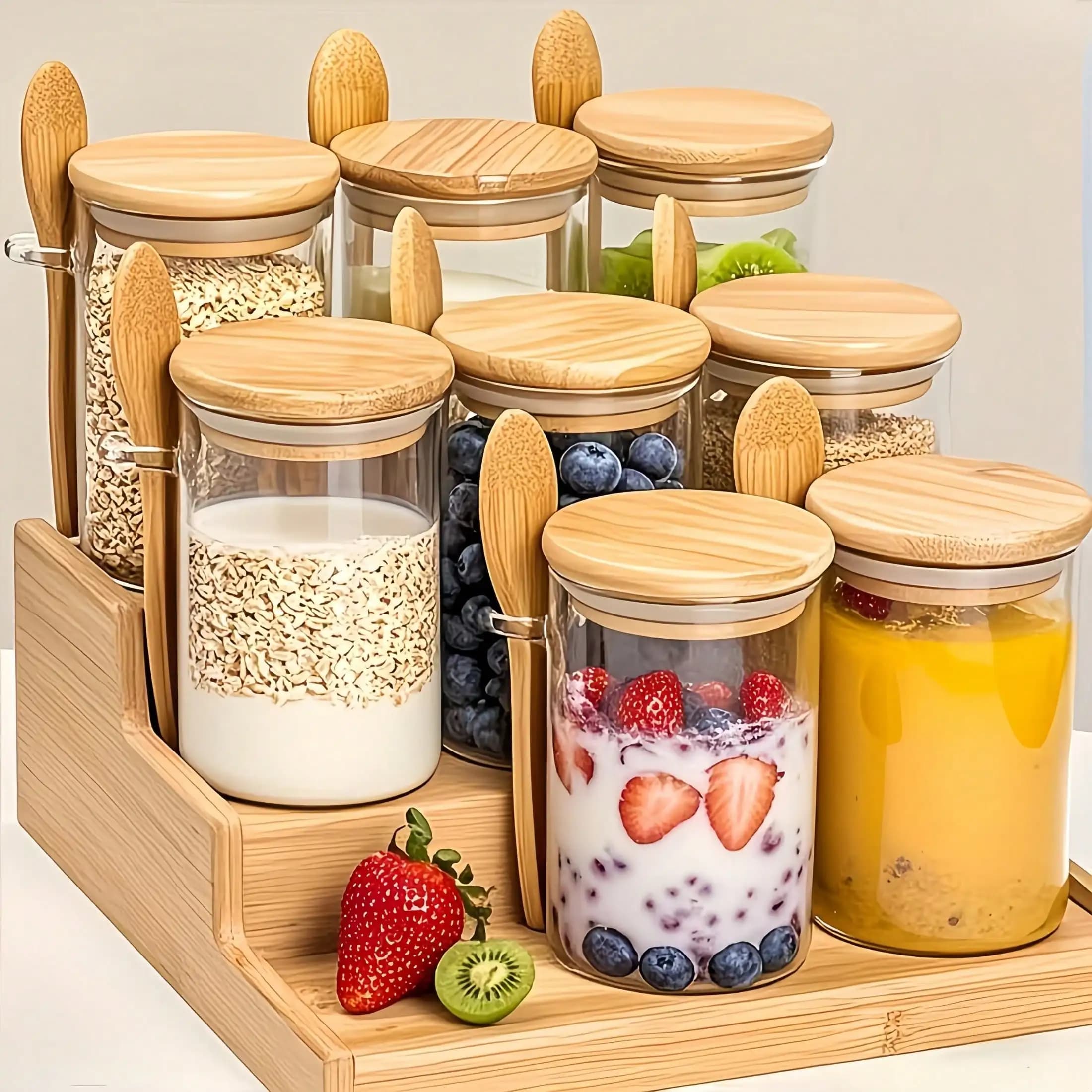 4-Piece Storage Set (Including 4 Storage Jars + 4 Lids + 4 Spoons) With Bamboo Lids And Spoons - Sealed Flap Jars Are Suitable For Coffee Beans, Grains, Dry Goods, Suitable For Food Storage And Sorting - Sealed Jars
