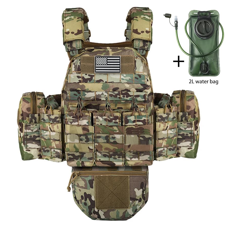 Multicam Camo Utility Vest with 2L Hydration Bladder, Modular MOLLE Pack for Outdoor Training Hiking
