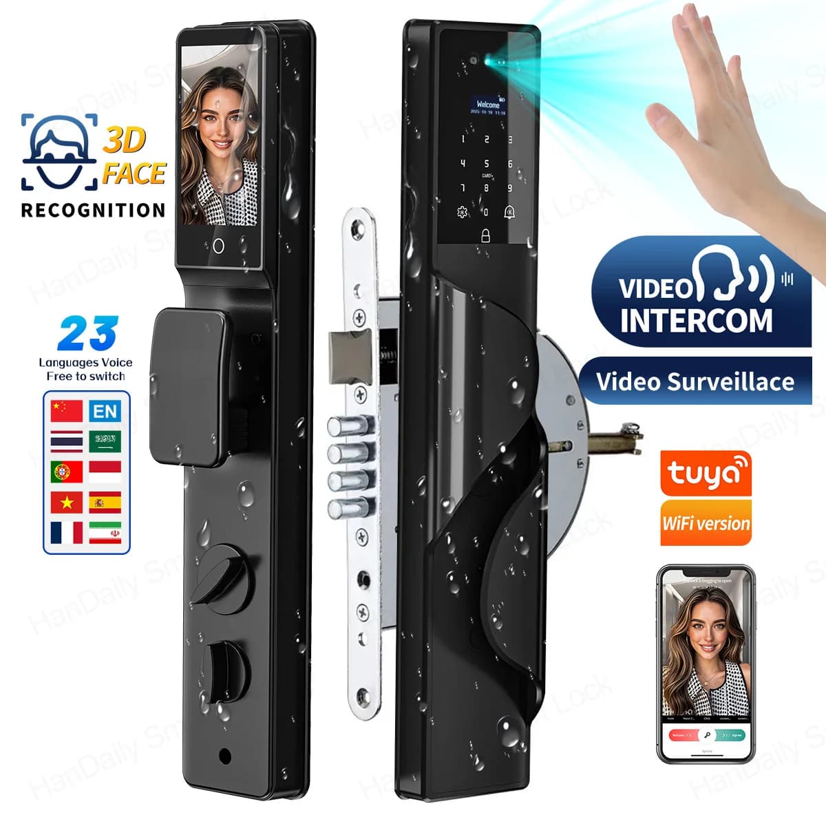 Serrature Intelligenti Impermeabili HanDaily con Telecamera, Riconoscimento Palmare e Facciale 3D, Videocitofono, App Tuya e Serratura con Mortasa 6590