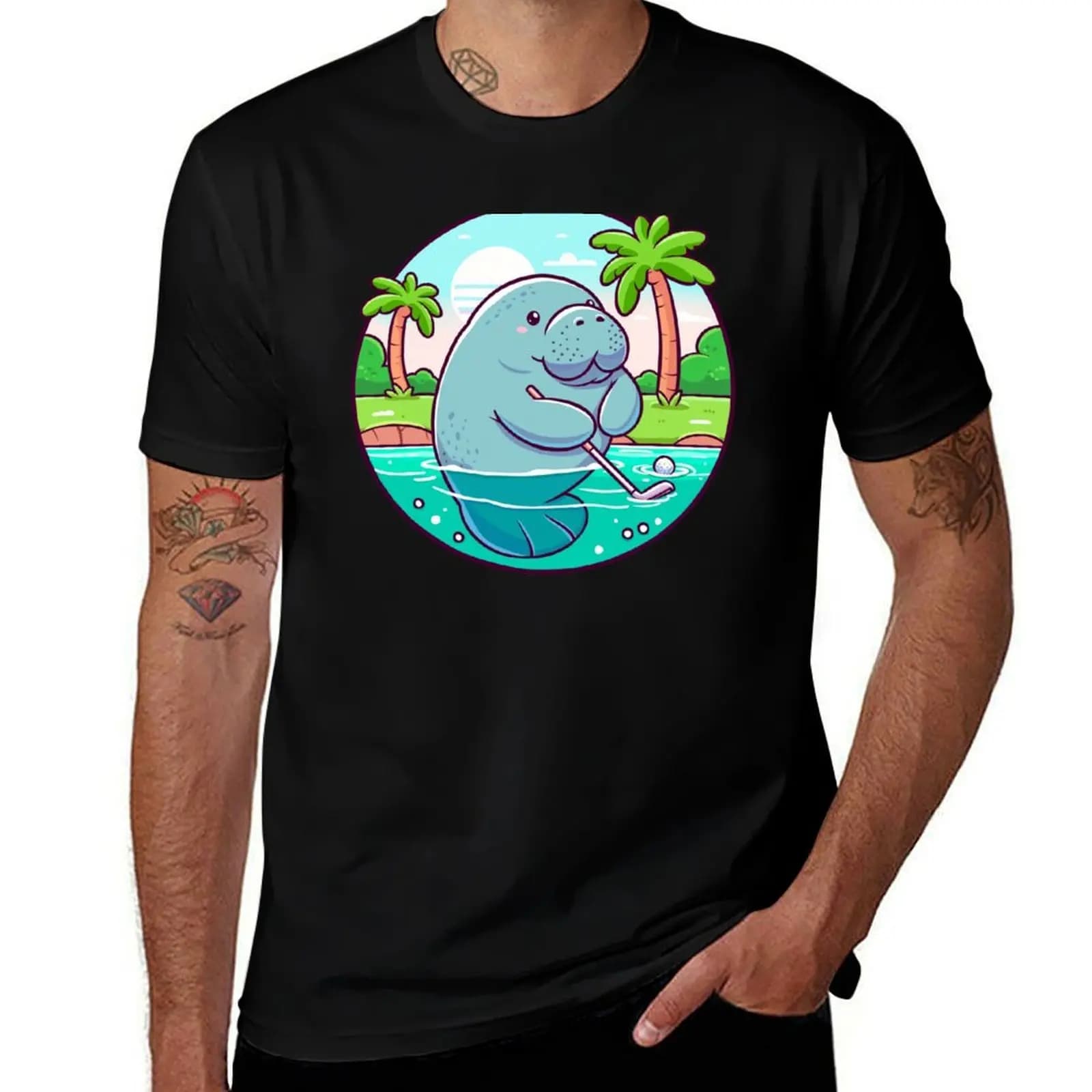 T-shirt Manatee Playing Golf T-shirt girocollo di grandi dimensioni