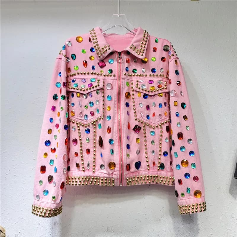 2025 New elegant pink jeans jacket with rhinestones durable women's long sleeve loose casual trendy embellished jeans coat outer