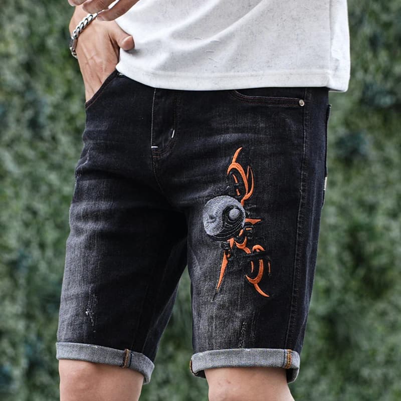 Men's Shorts New Men's Shorts Elastic jeans Lavated Summer Fashion Tai Chi Embroidery Short jeans Maschile Streetwear Clothing brand