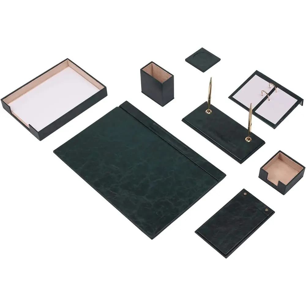 Set Organizzatore da Scrivania Verde 10 Pezzi con Portadocumenti Singolo e Accessori in Pelle