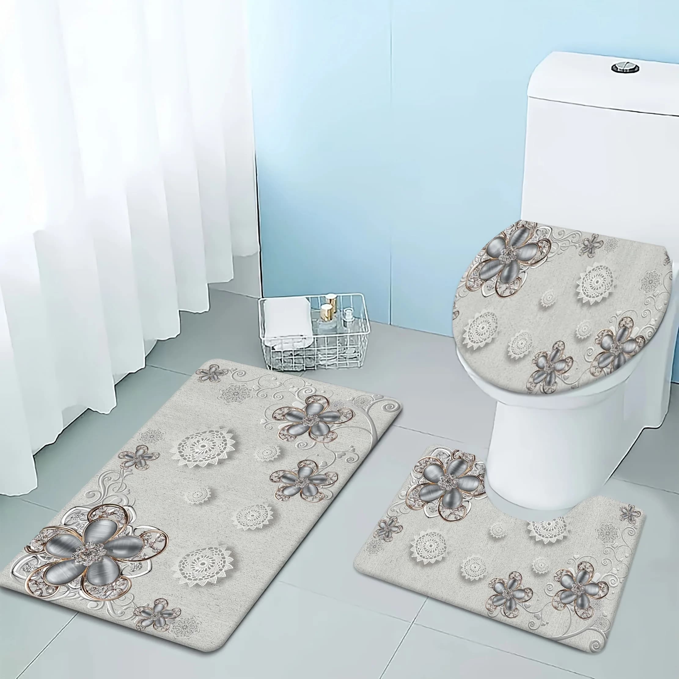 Set tappetino da bagno floreale in 3 pezzi: tappetino da bagno antiscivolo in morbida flanella, copriwater e tappetino sagomato, leggero e assorbente
