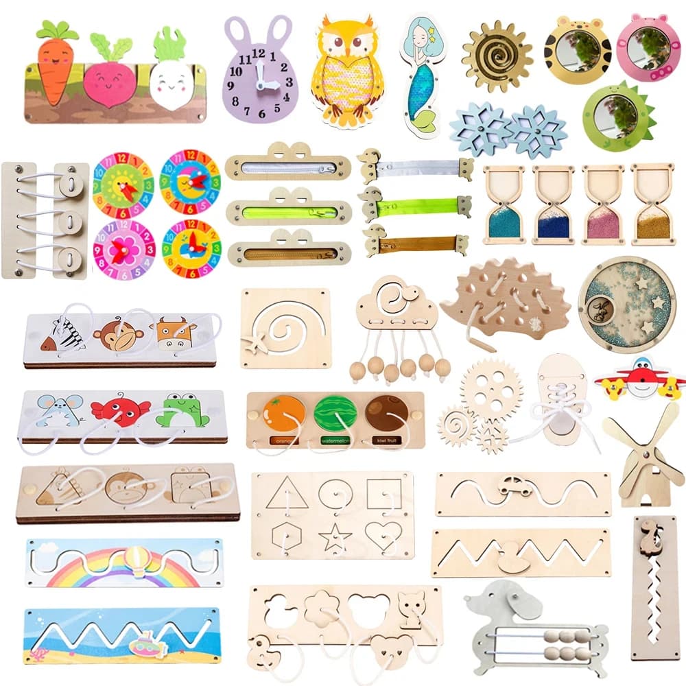 Busyboard in legno Giocattolo fai da te Baby Montessori Scheda di attività sensoriale Accessori per bambini Serrature Parti della tavola occupata Giocattoli educativi