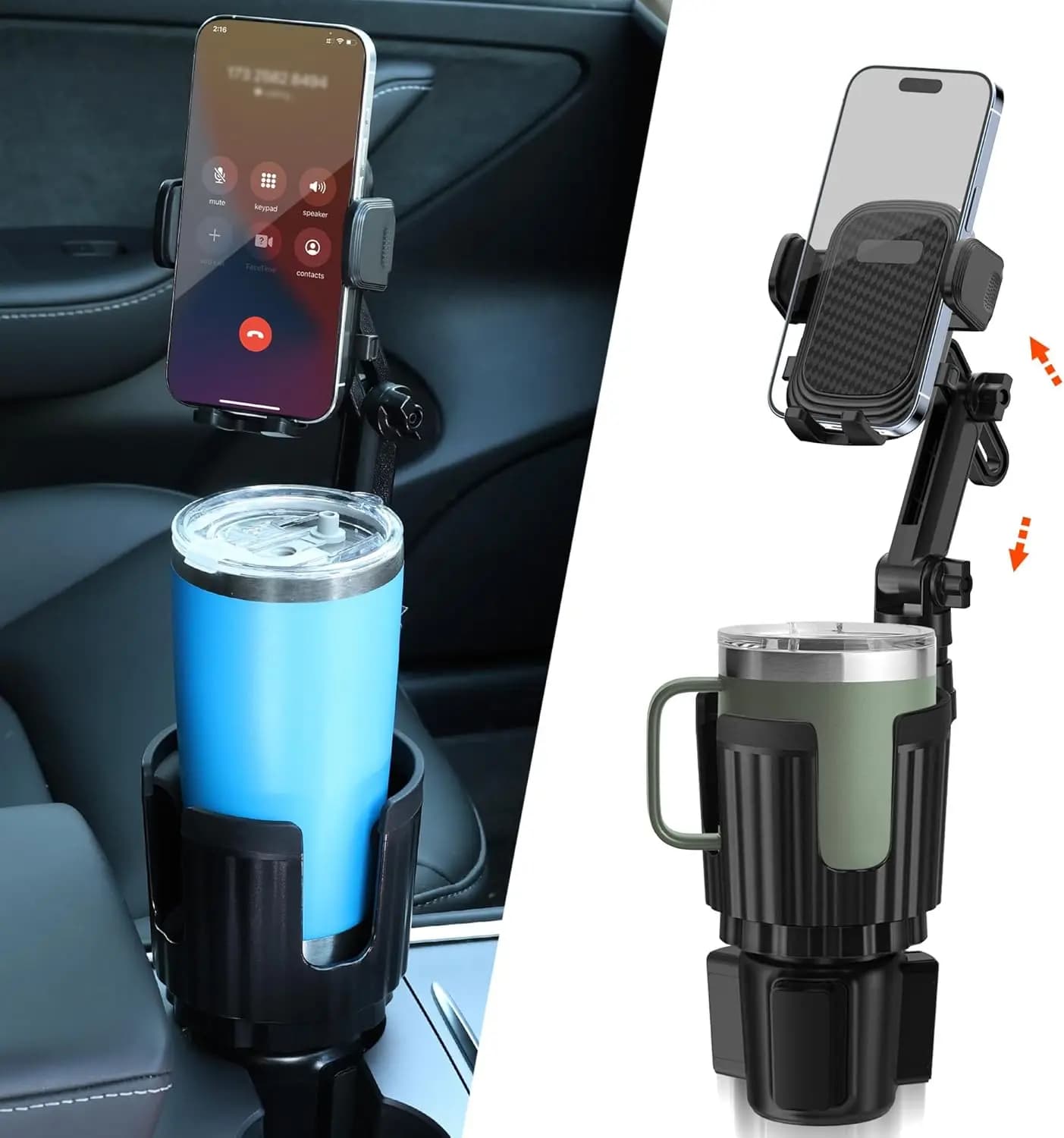 Supporto per telefono 2 in 1 per portabicchieri da auto con base regolabile, 360° ° Collo Flessibile per Smartphone da 4-7 Pollici e Bottiglie