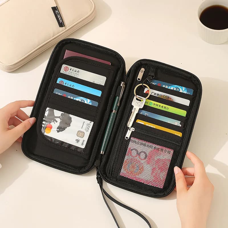 Men's Women's Travel Passport Wallet with Multiple Card Slots and Key Ring Zippered Document Organizer for Daily Use
