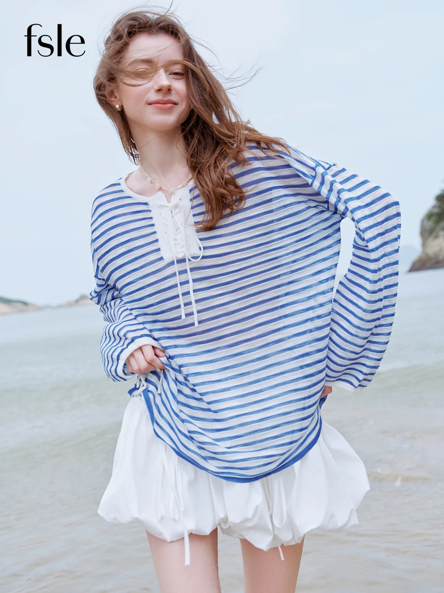 FSLE French elegant holiday striped shirt for women 2025 summer sailing sun protection breathable long sleeve T-shirt Top 25FS12847