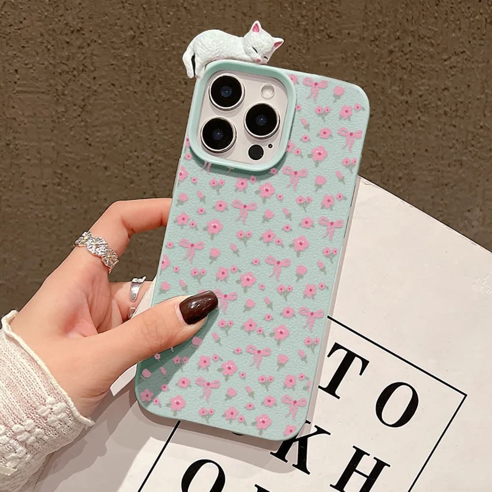 Cute Bow Flower With 3D Cute Cat Leather Phone Case For iPhone 15 14 1317 16 12 11 Pro Max X XS XR 17 Air 16Plus Soft TPU Cover