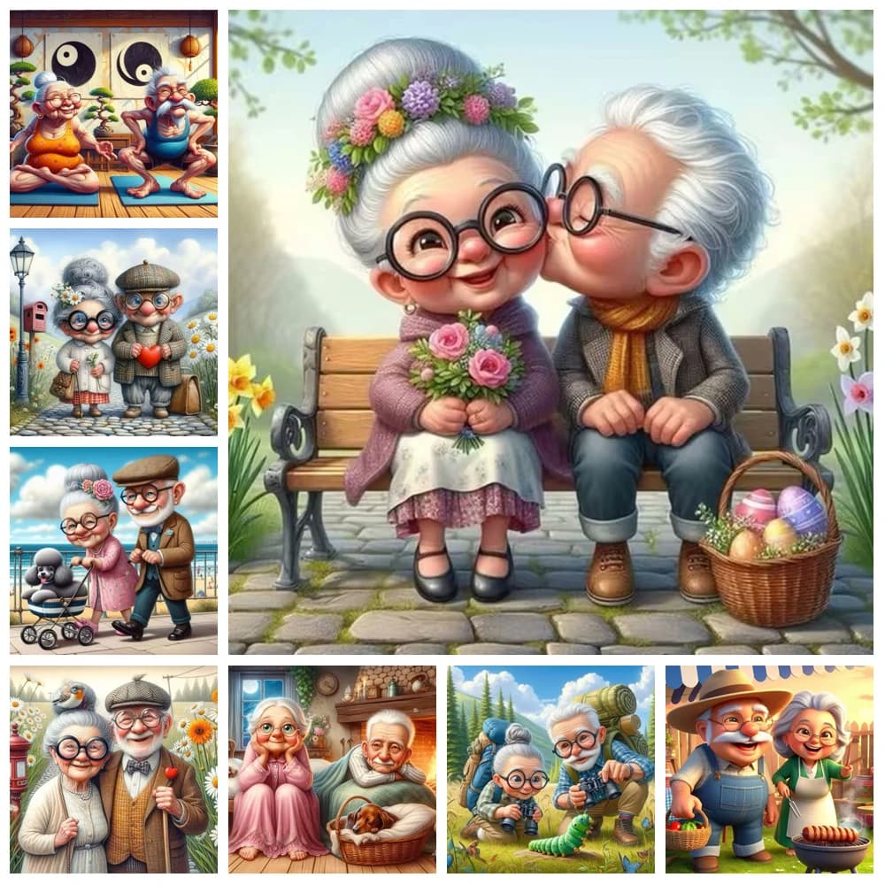 Cartoon Happy Old Couple Kit di pittura diamante rotondo completo 5D, carino nonna e nonno trapani fai da te mosaico ricamo punto croce
