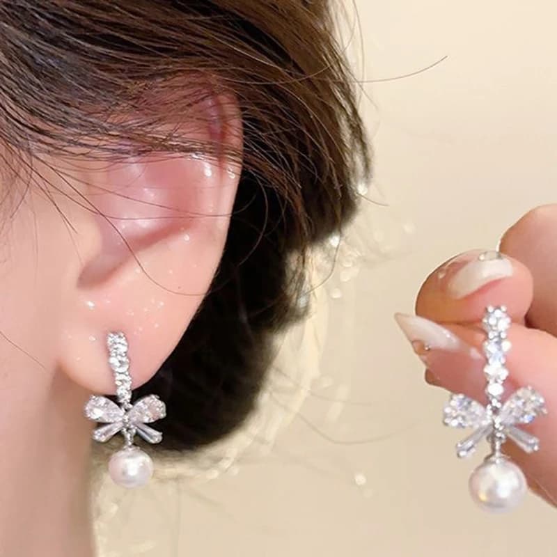 1Pair Bling Zircon Bow Pearl Drop Earrings Exquisite Bowknot Stud Women Girl Sweet Jewelry Perfect Valentine's Day Gif
