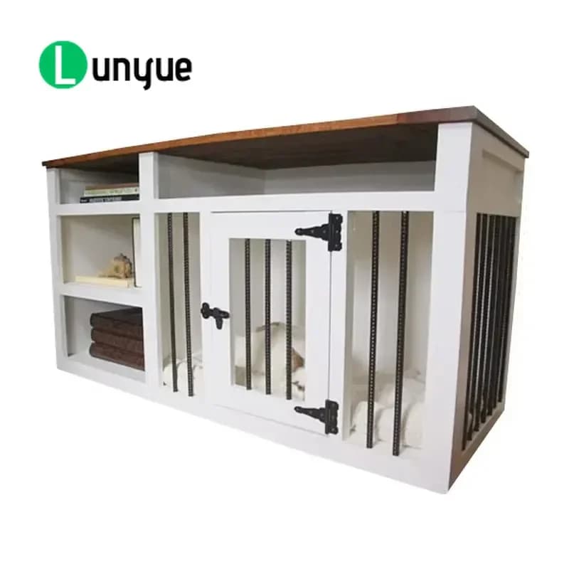 Solid Wood TV Stand with Shelves Dog Crate Kennel Furniture Table for Living Room Bedroom Pet House Storage Cabinet Sturdy