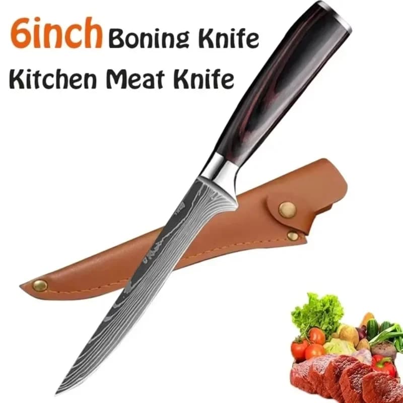 Coltello da cucina coltello da cucina damasco Laser coltelli da cuoco in acciaio inossidabile mannaia per carne manzo pecora pesce Cutter manico in legno forniture da cucina
