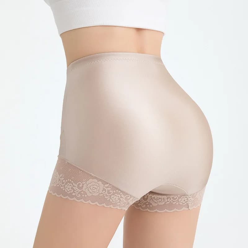 Silk Thin Body Sculpting Boxers Women's Silk High Waist Belly Lift Buttocks Seamless Body Lace Edge Underwear